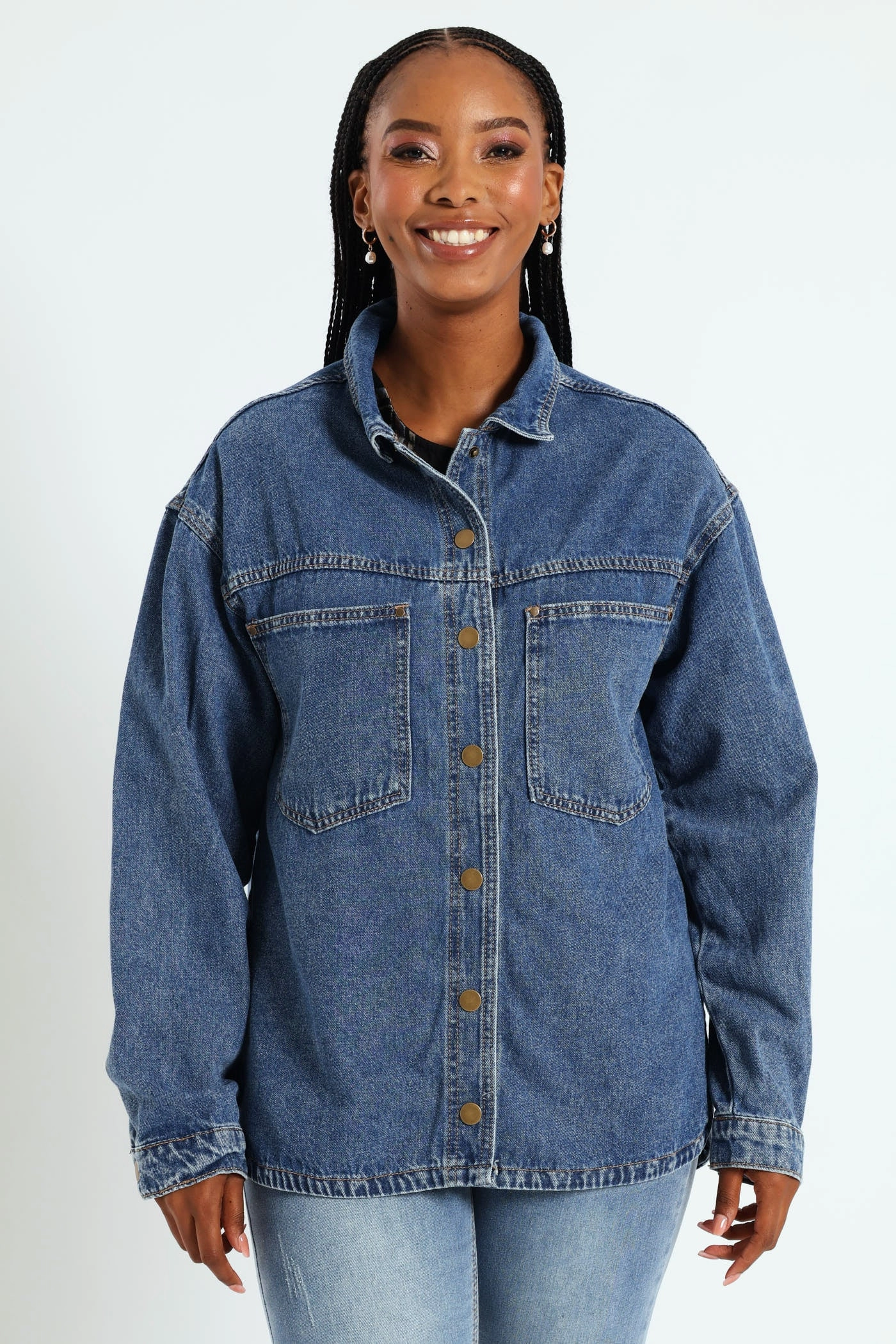 Taped Neckline Curved Hem Denim Shacket - Dark Wash Ink