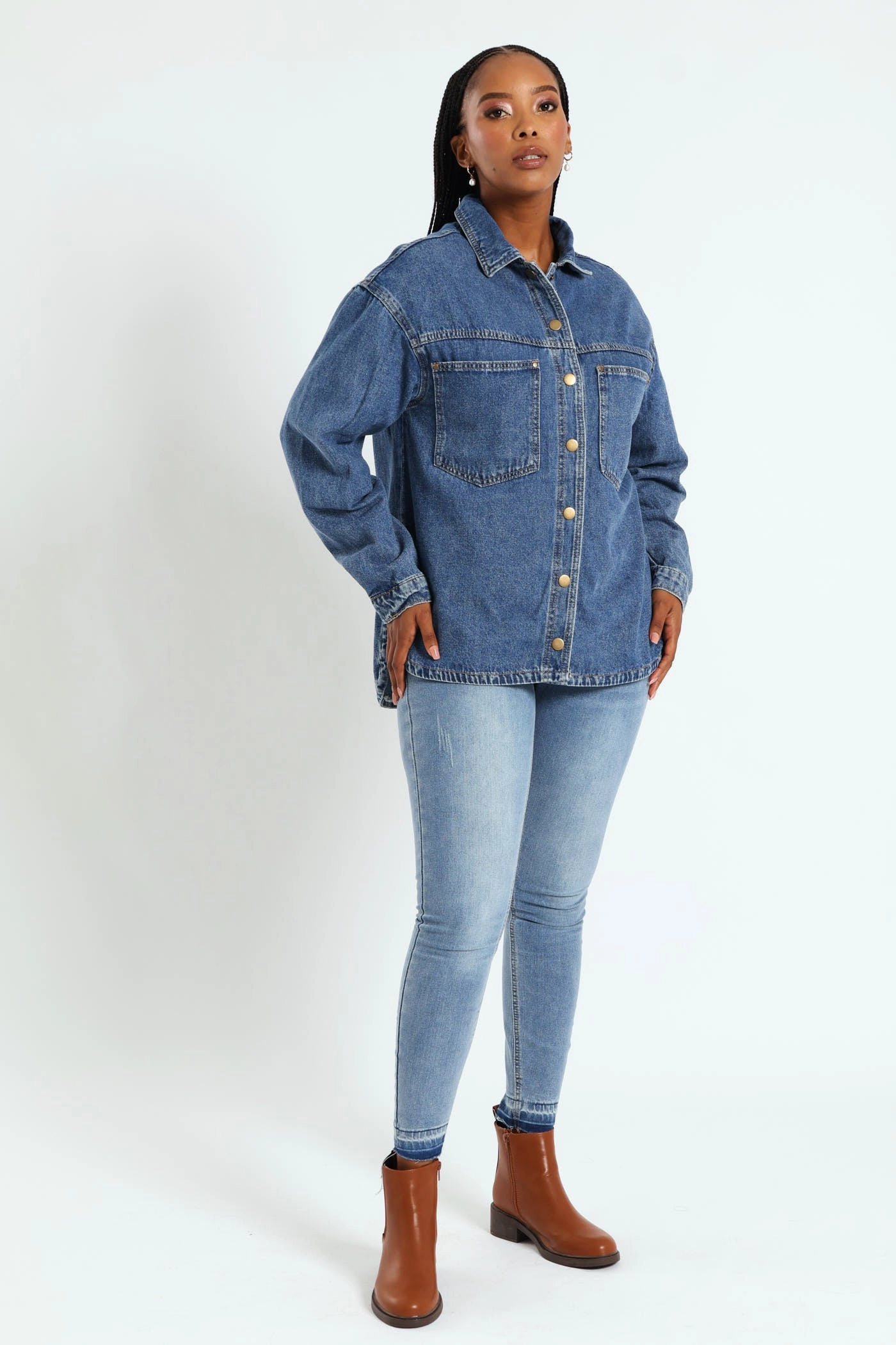 Lightweight Comfort RecycledPolyester Curved Hem Denim Shacket - Dark Wash Ink