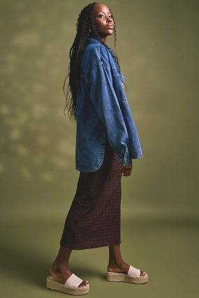 Curved Hem Denim Shacket - Dark Wash Ink Adjustable Hemline Dry Fast