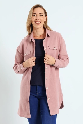 Curved Hem Long Length Lined Melton Shacket - Blush Crisp Air Piece Simple Urban Layer