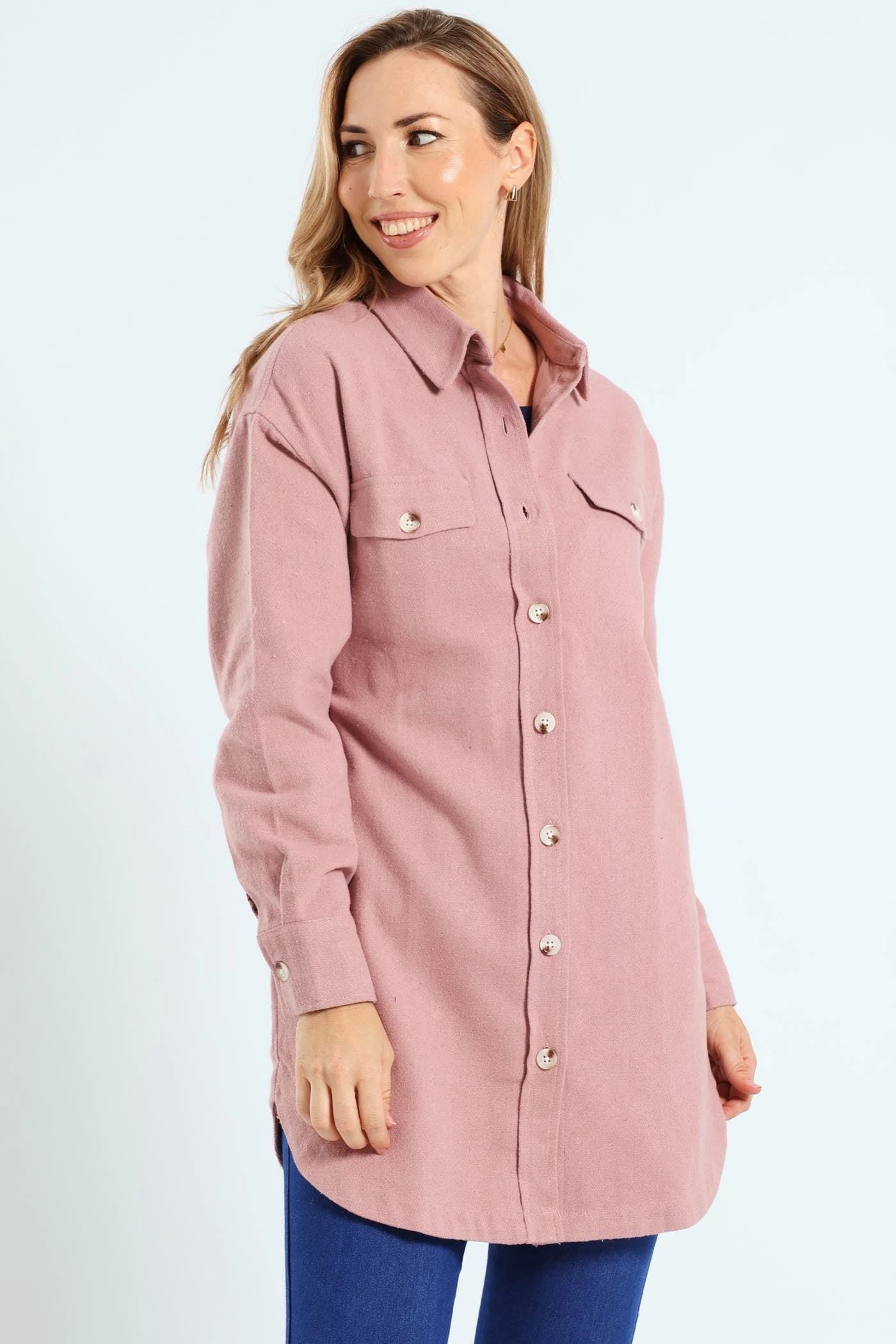 Curved Hem Long Length Lined Melton Shacket - Blush Quick Release Buckle High Loft Insulation