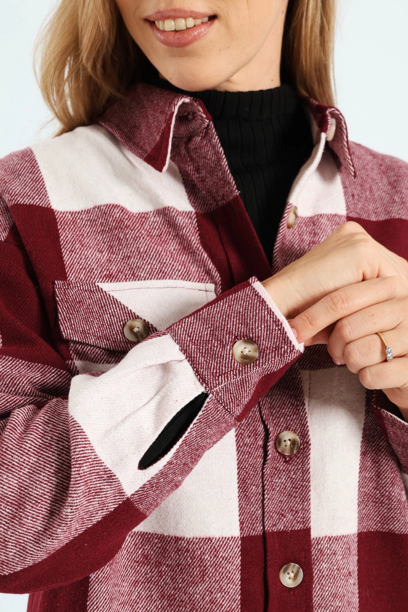 Layering Compatible Cut Kangaroo Pocket Curved Hem Long Length Lined Melton Shacket - Wine