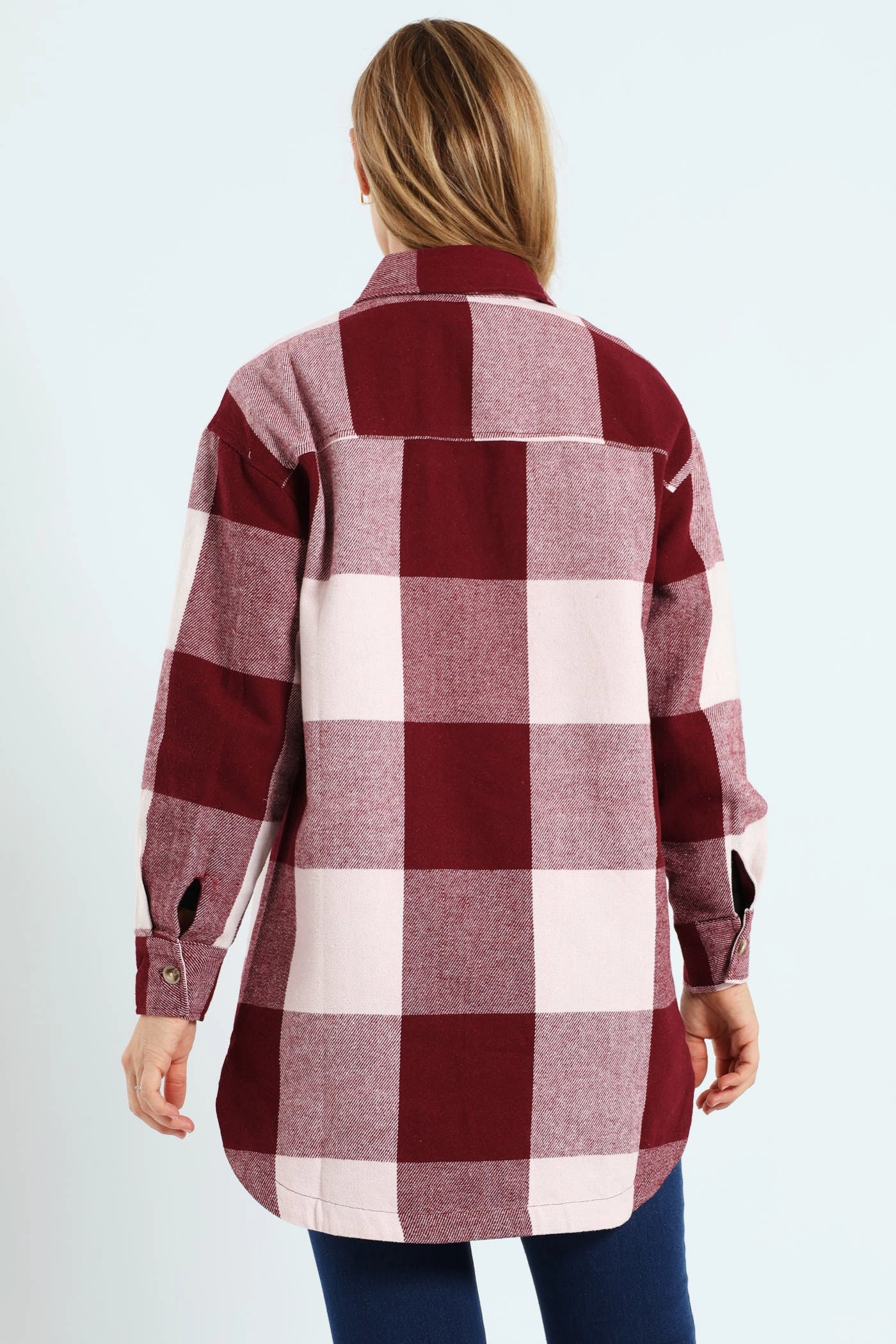 Curved Hem Long Length Lined Melton Shacket - Wine Dual Layer Insulation Tear Resistant Knit