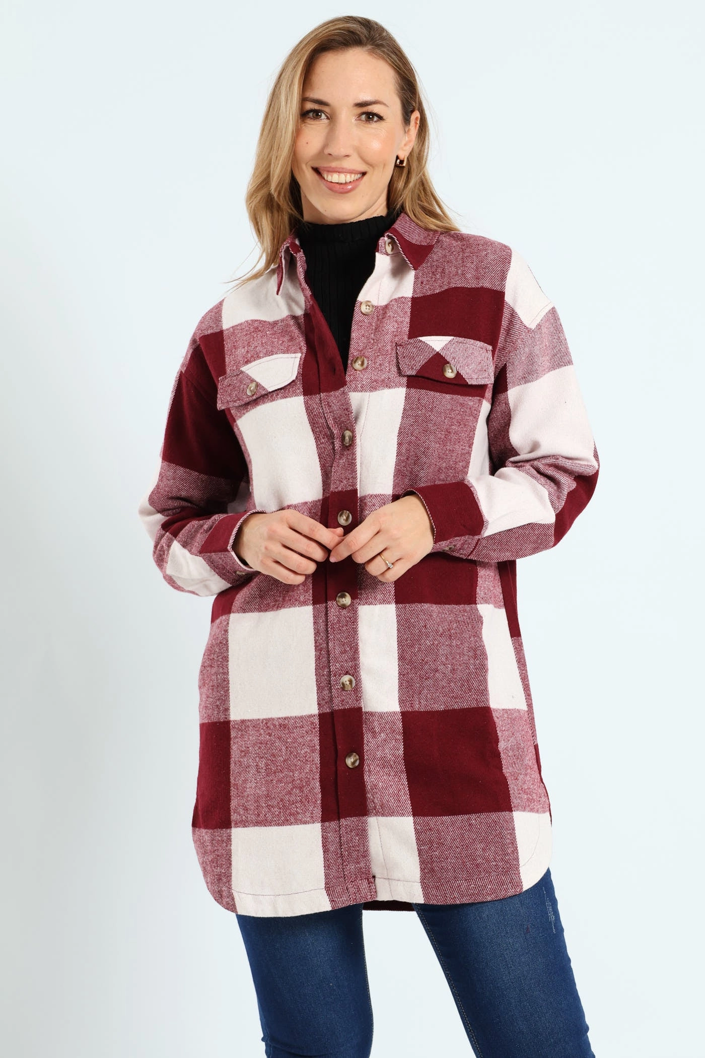 Curved Hem Long Length Lined Melton Shacket - Wine Hooded style Elasticized Edging