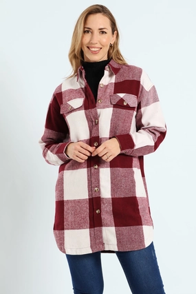 Curved Hem Long Length Lined Melton Shacket - Wine Hooded style Elasticized Edging