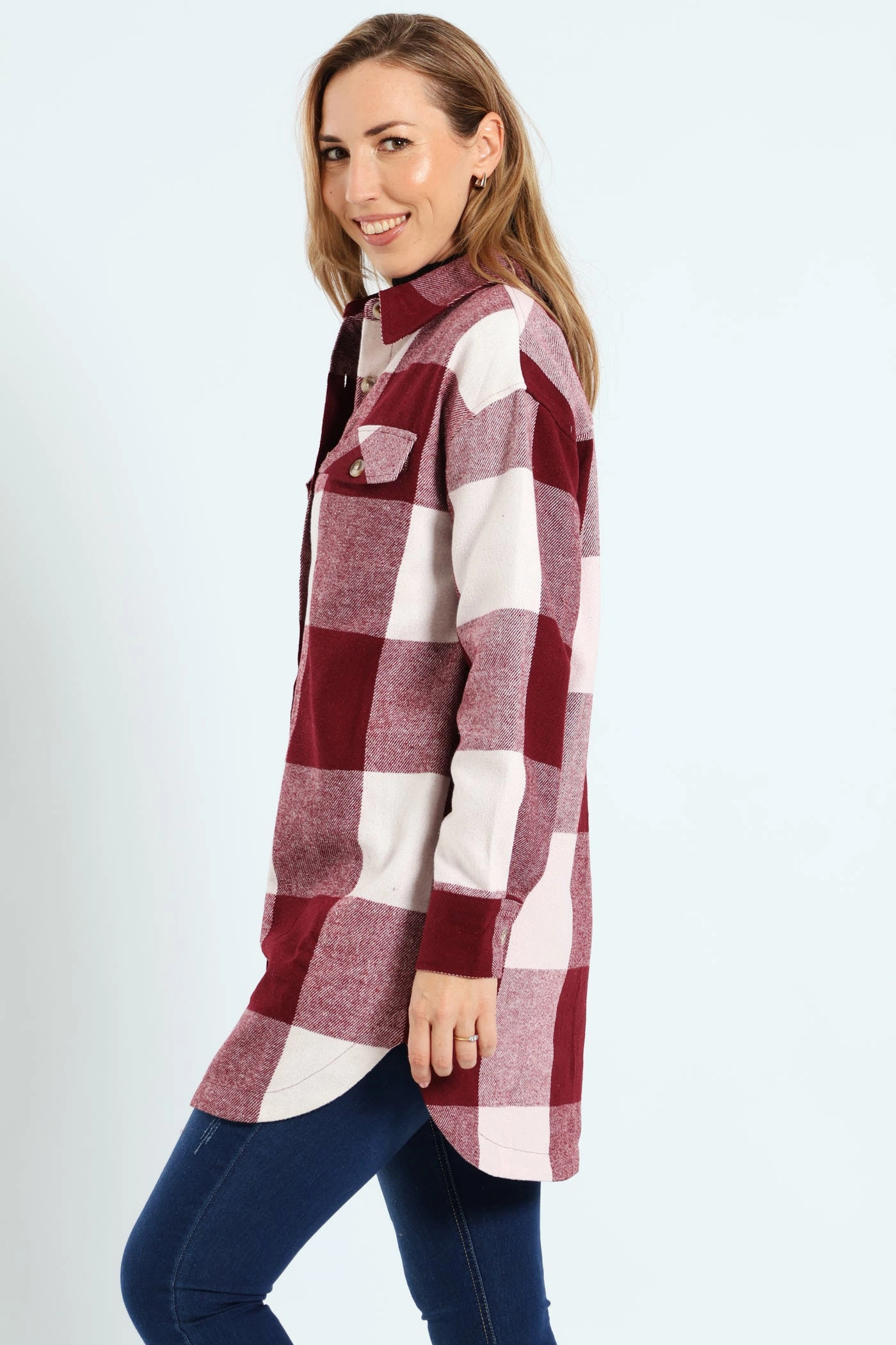 Curved Hem Long Length Lined Melton Shacket - Wine Non Restrictive Armholes Holiday Trip