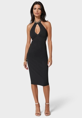 Cutout Choker Neck Midi Dress Work Style Silky texture