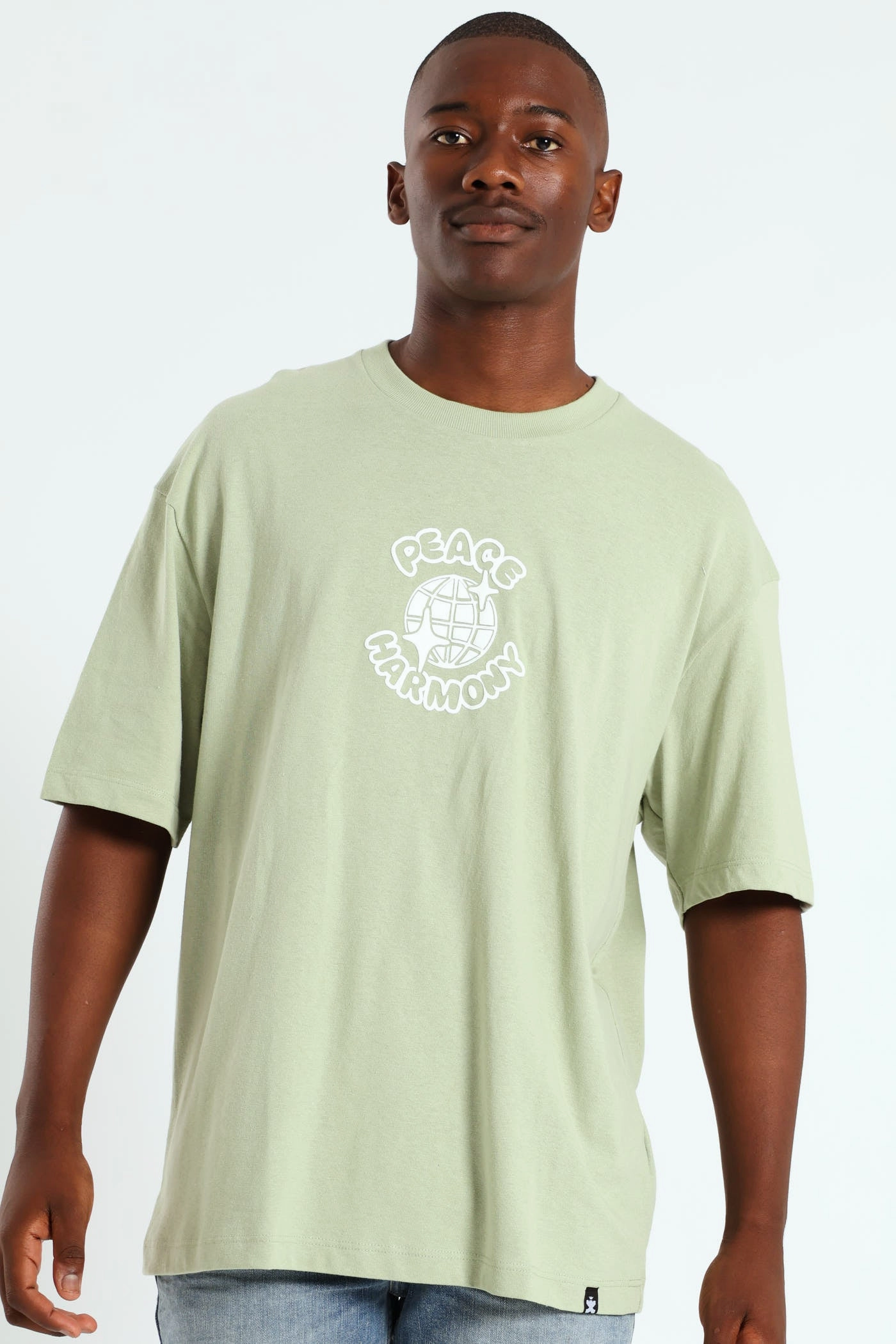 Simple Comfort Look Oversized Peace Printed Tee - Sage