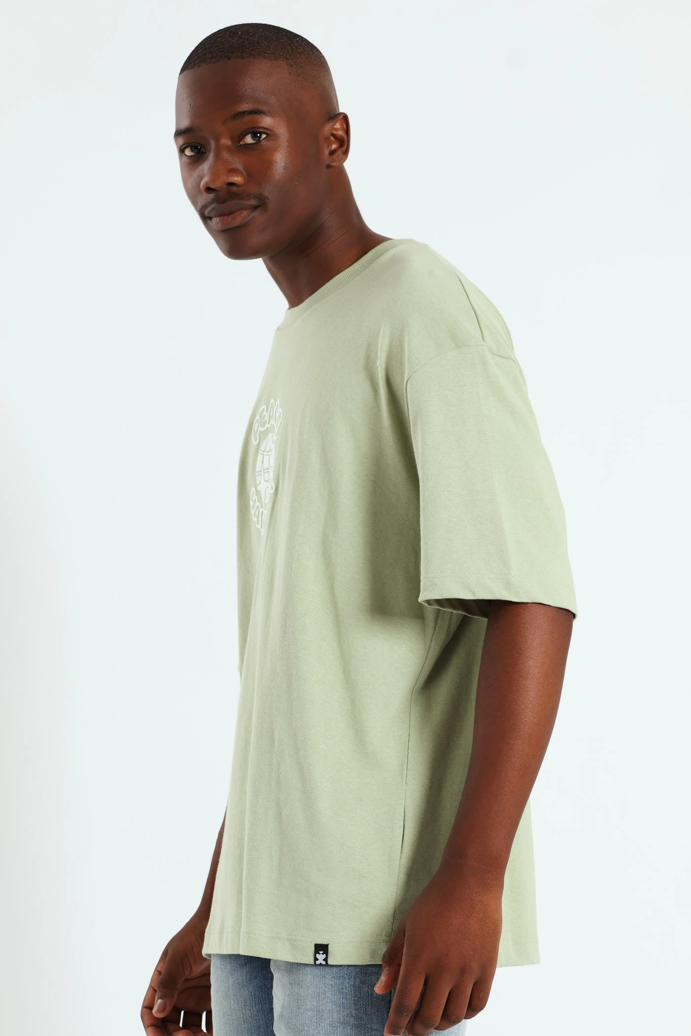 Oversized Peace Printed Tee - Sage V neck