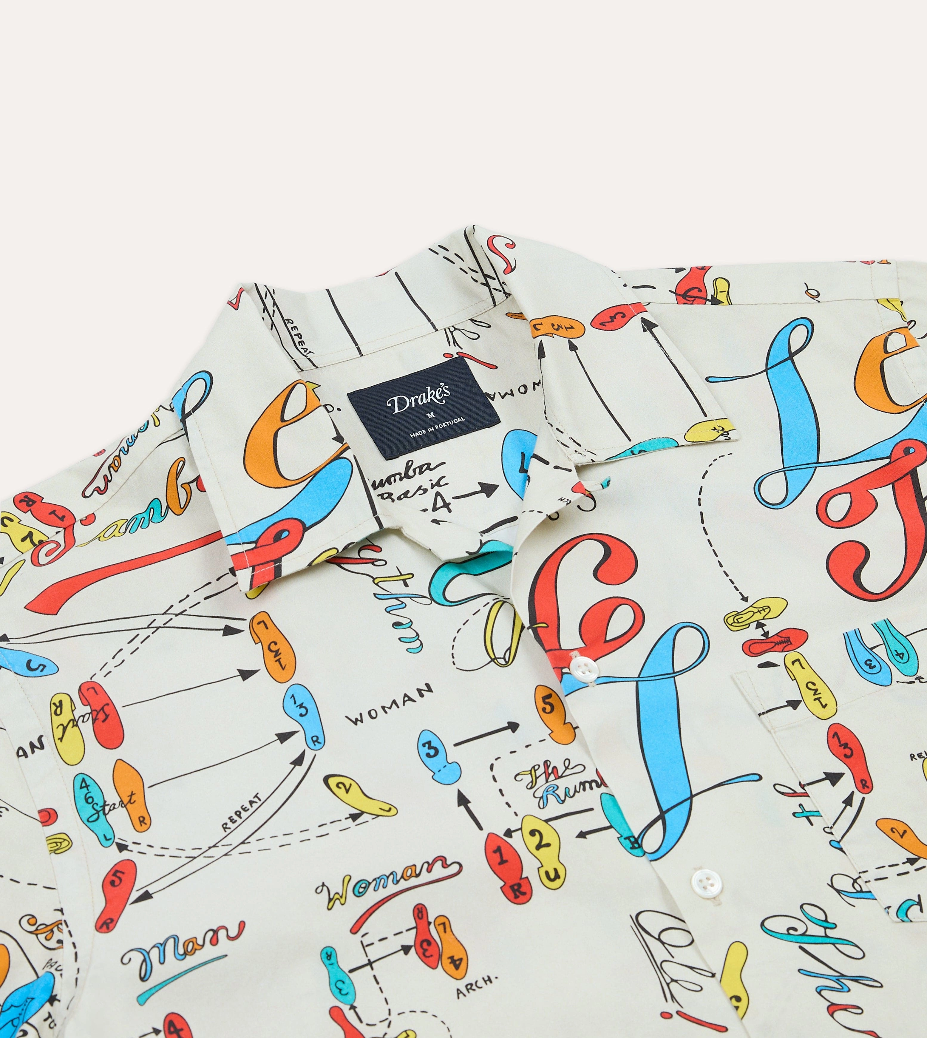 Neutral Tone Dance Steps Print Cotton Camp Collar Short Sleeve Shirt