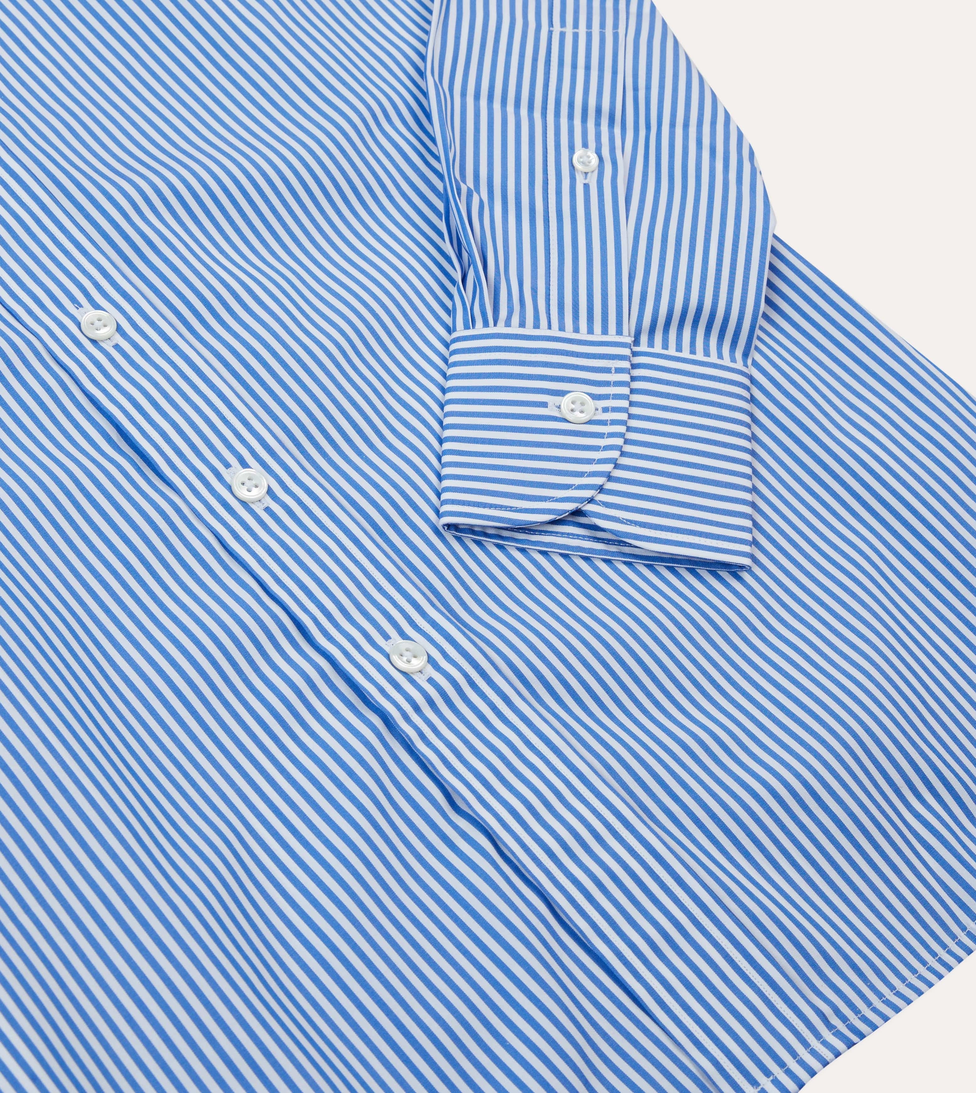 Dark Blue and White Bengal Stripe Spread Collar Cotton Poplin Shirt Split hem Day-To-Night Wear