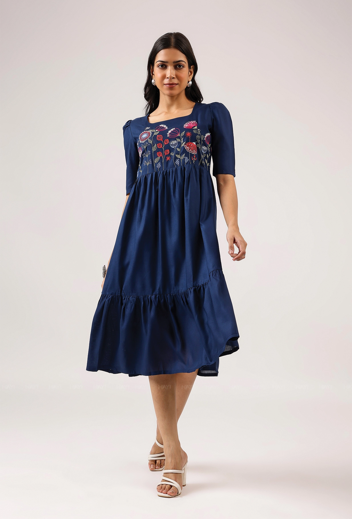 Satin Touch Day Fit Dark Blue with Hovering Dreams floral Embroidery Viscose Dress