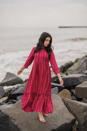 Spring Garden Dark Pink with Nomadic Whispers printed Viscose Dress