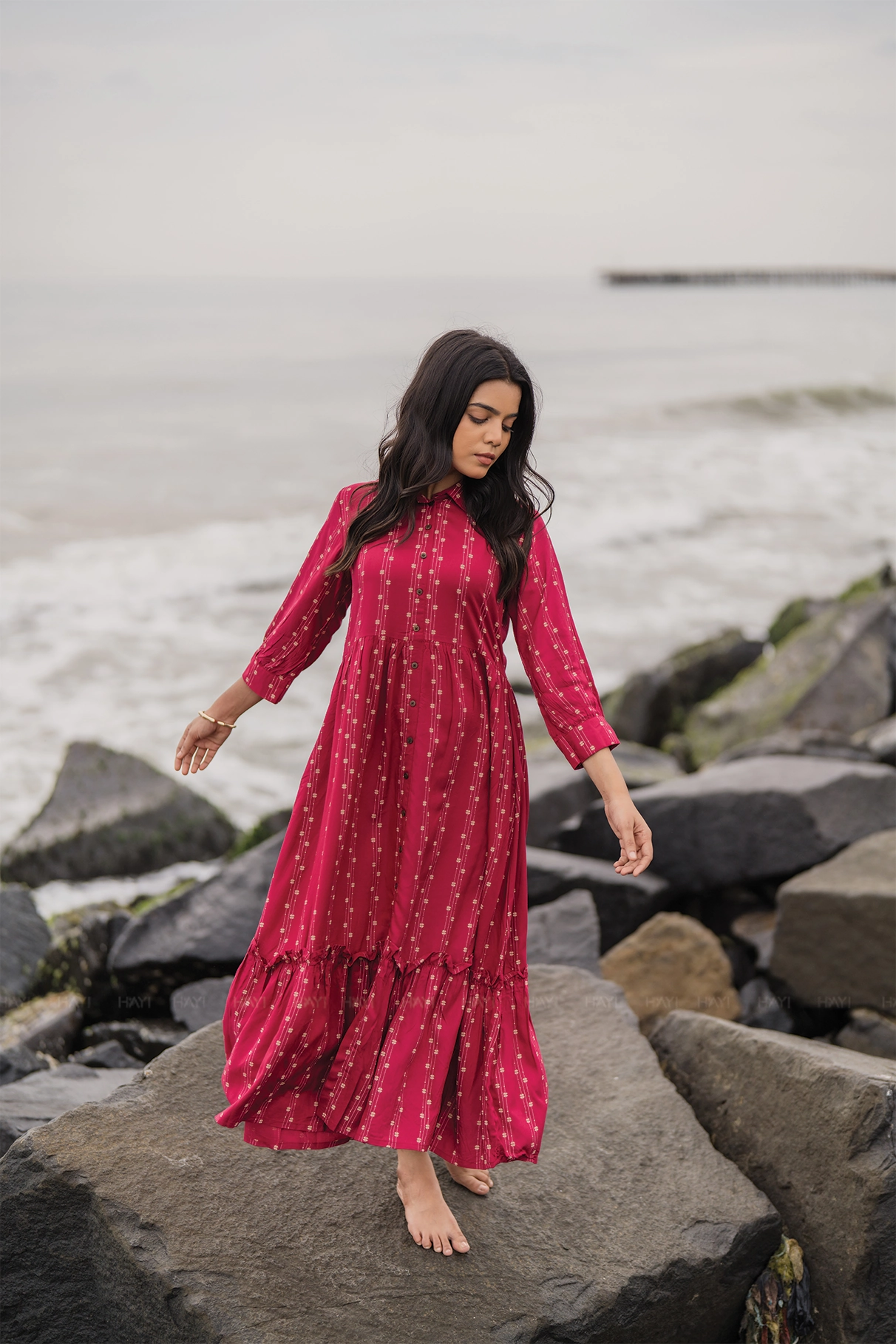 Back-Zip Bold Simplicity Dark Pink with Nomadic Whispers printed Viscose Dress