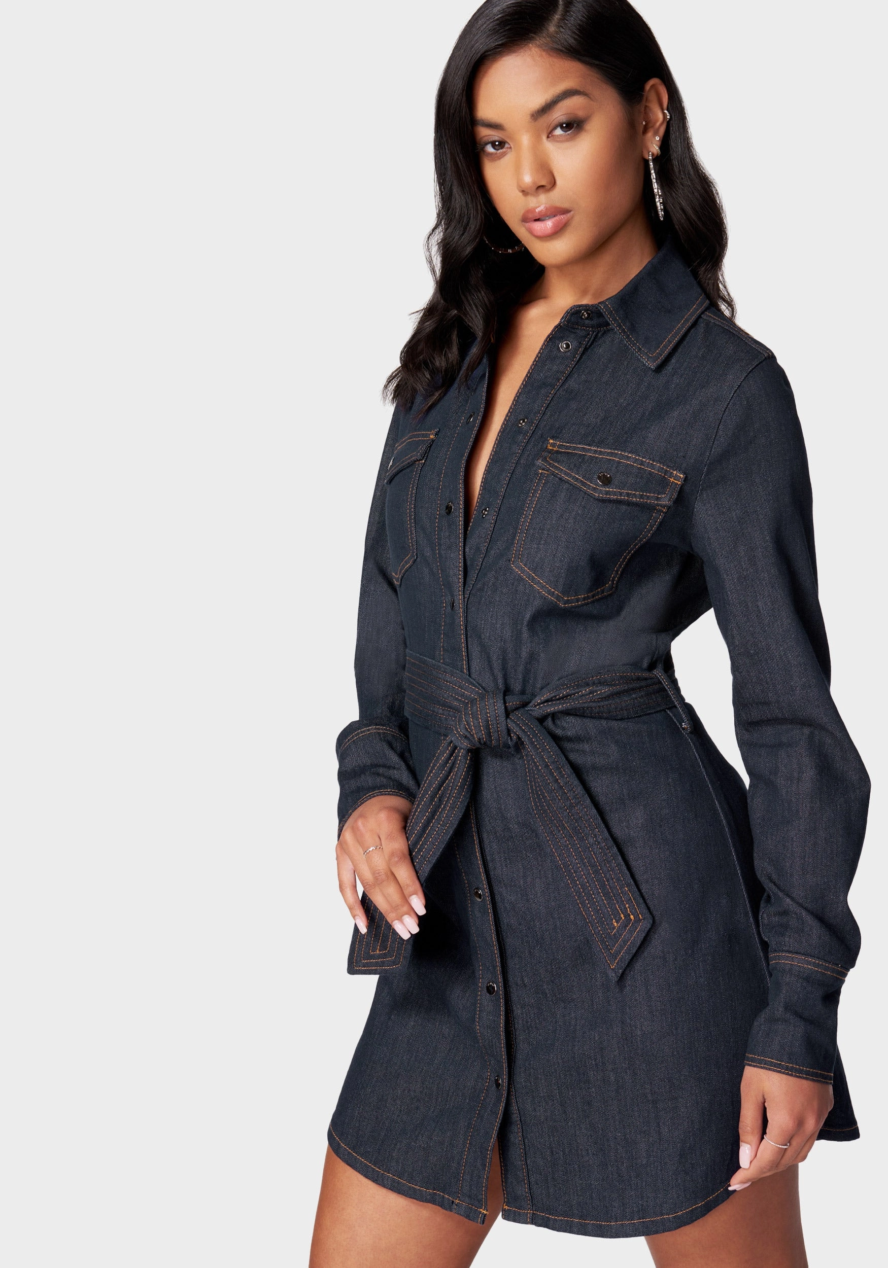 Belted Button Down Denim Shirt Dress Chic Comfort