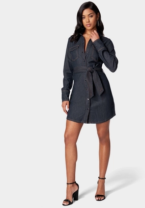 Belted Button Down Denim Shirt Dress Draped Layer