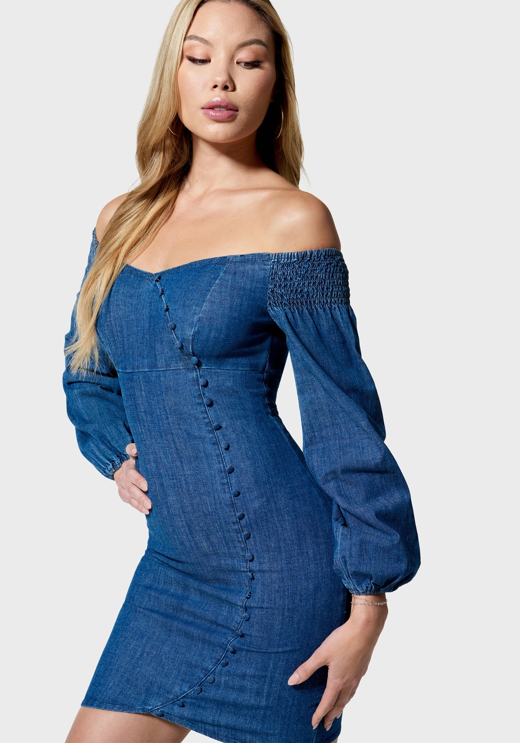 High-Fashion Transitional Style Denim Cold Shoulder Button Detail Dress