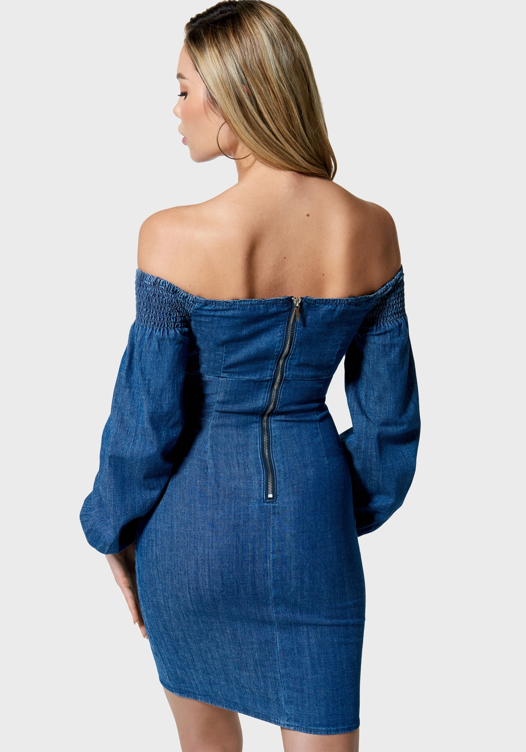Denim Cold Shoulder Button Detail Dress Bust-Enhancing