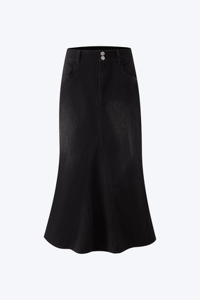 Denim Flare Skirt - Black Gather Details Sleek Flow