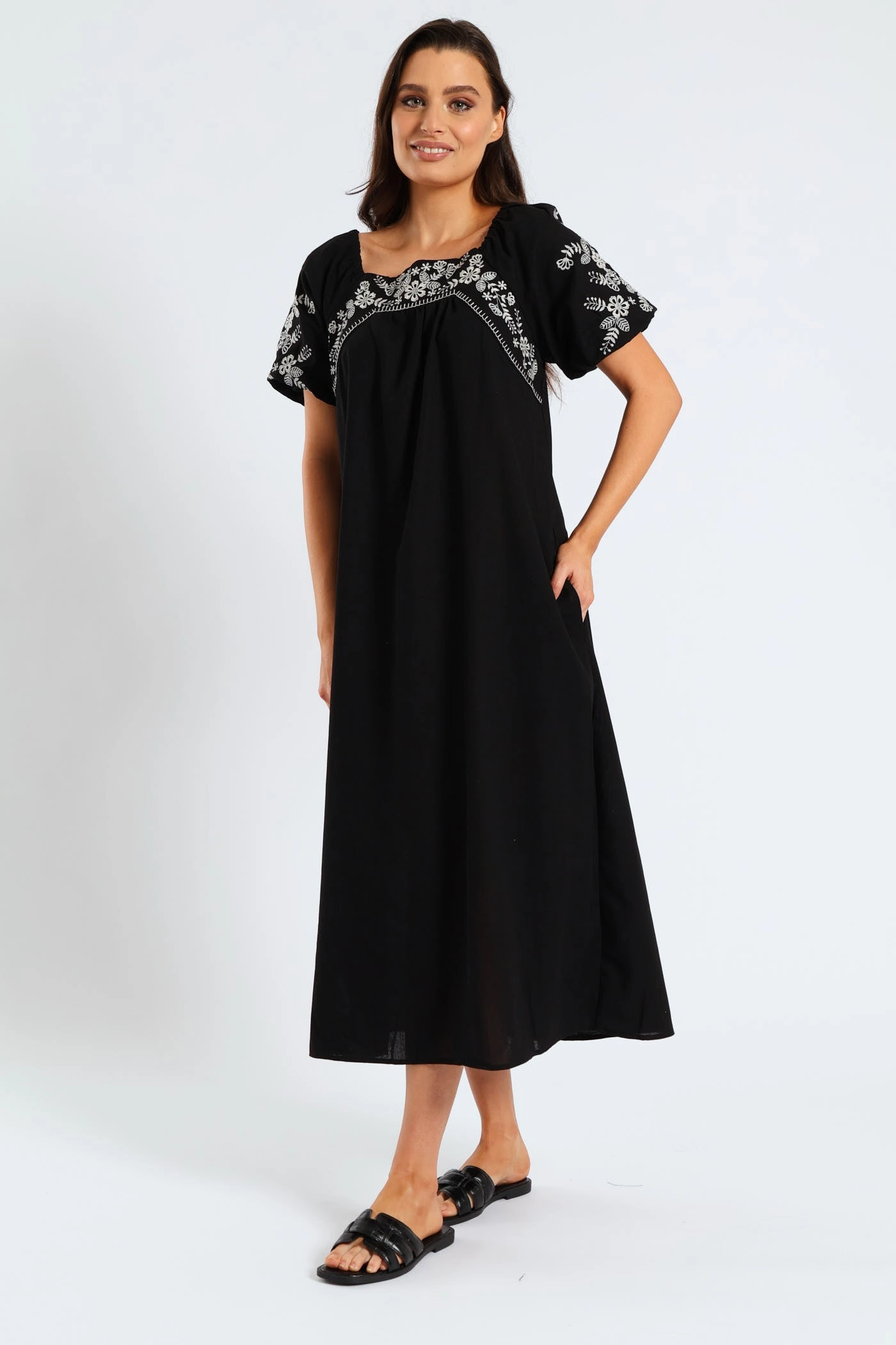 Bubble Embroidered Sleeve & Yoke Flare Midi Dress - Black Fall Layer Stylish Silhouette