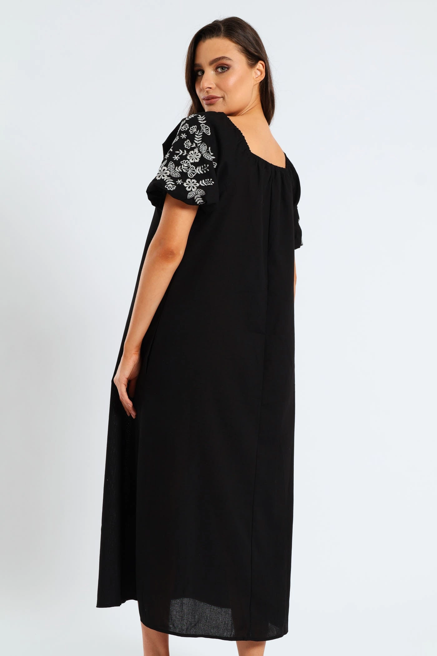 Cool Motion Natural Texture Bubble Embroidered Sleeve & Yoke Flare Midi Dress - Black