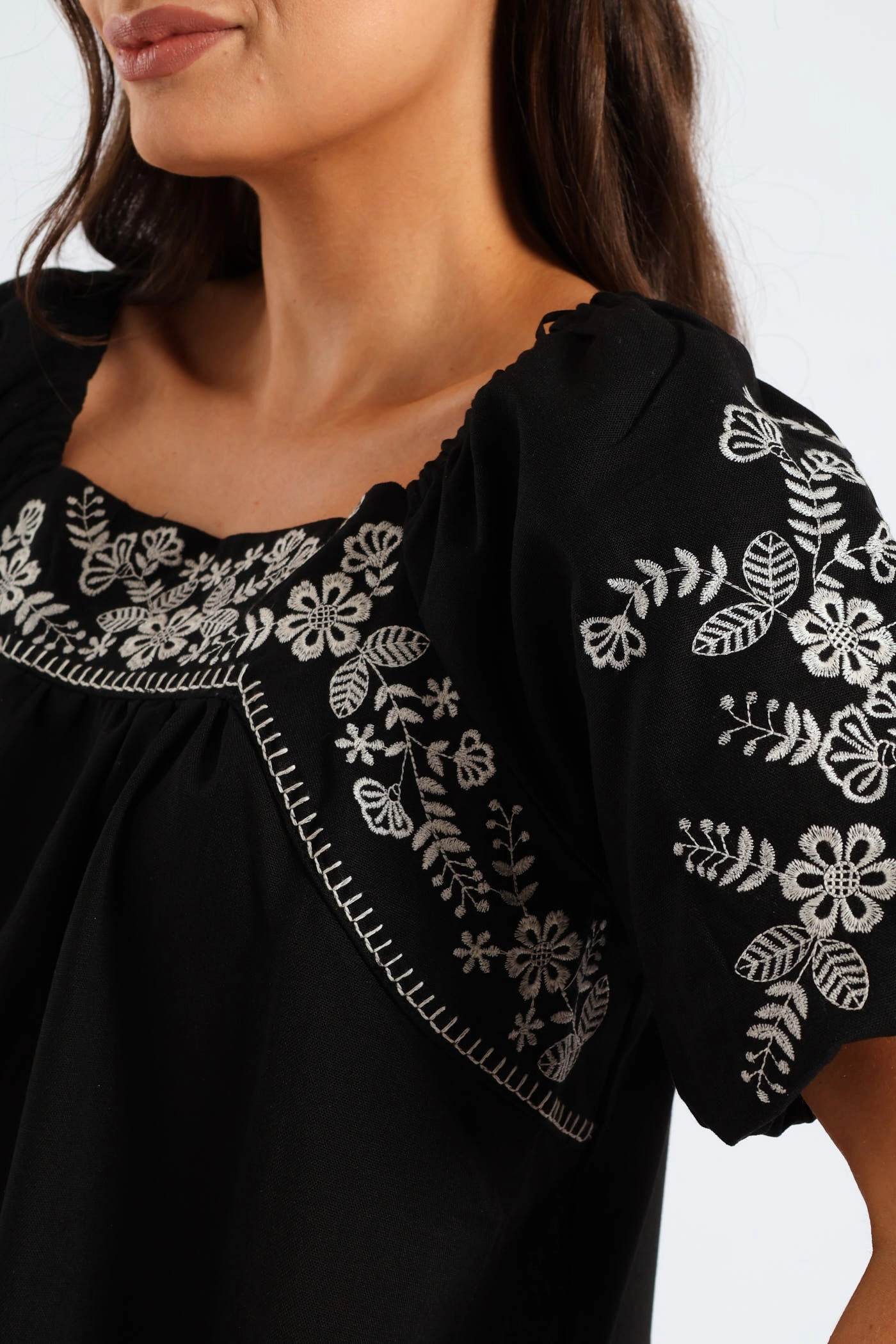 Bubble Embroidered Sleeve & Yoke Flare Midi Dress - Black Winter Wrap Side-Slit