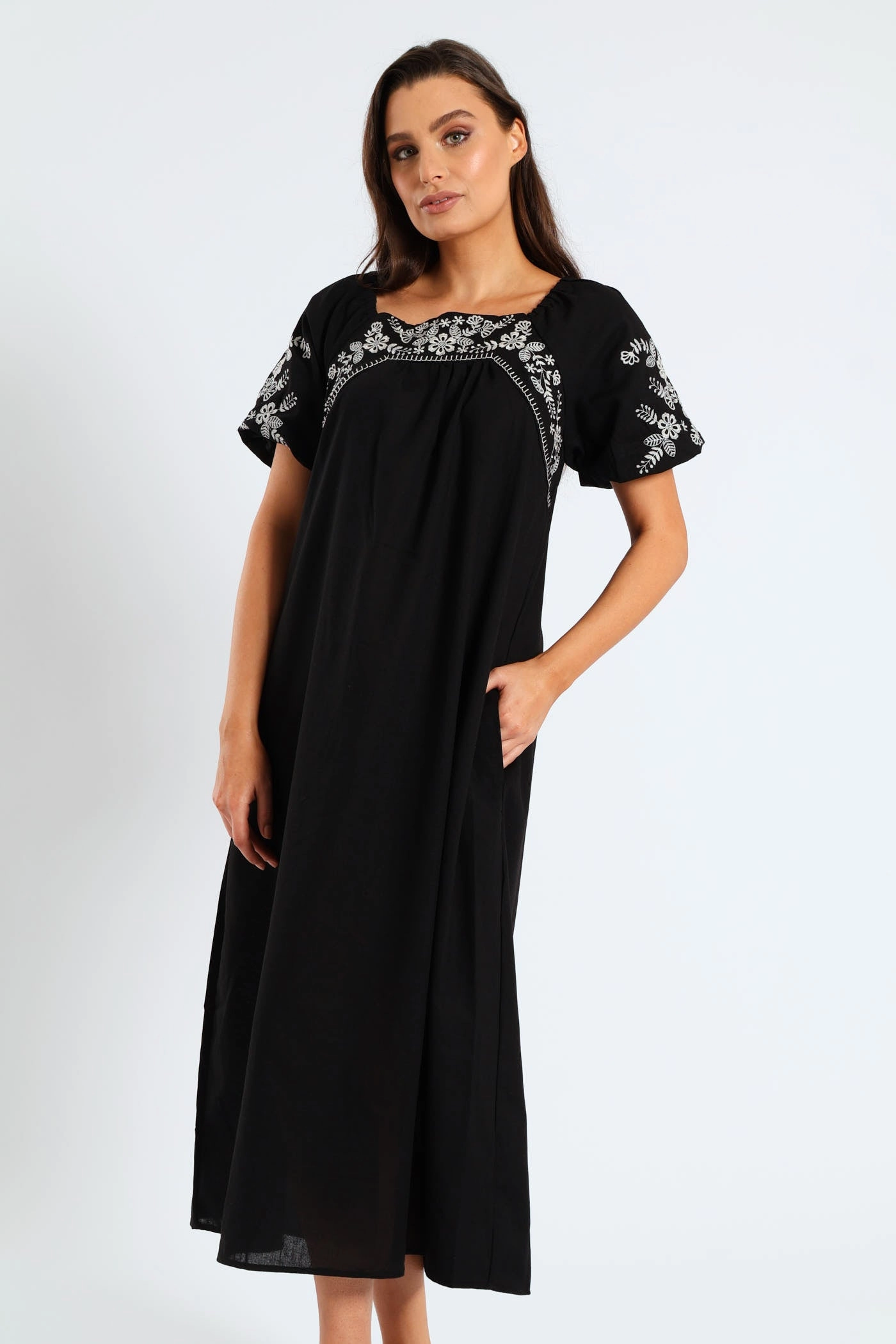 Smooth Motion Striped-Pattern Bubble Embroidered Sleeve & Yoke Flare Midi Dress - Black