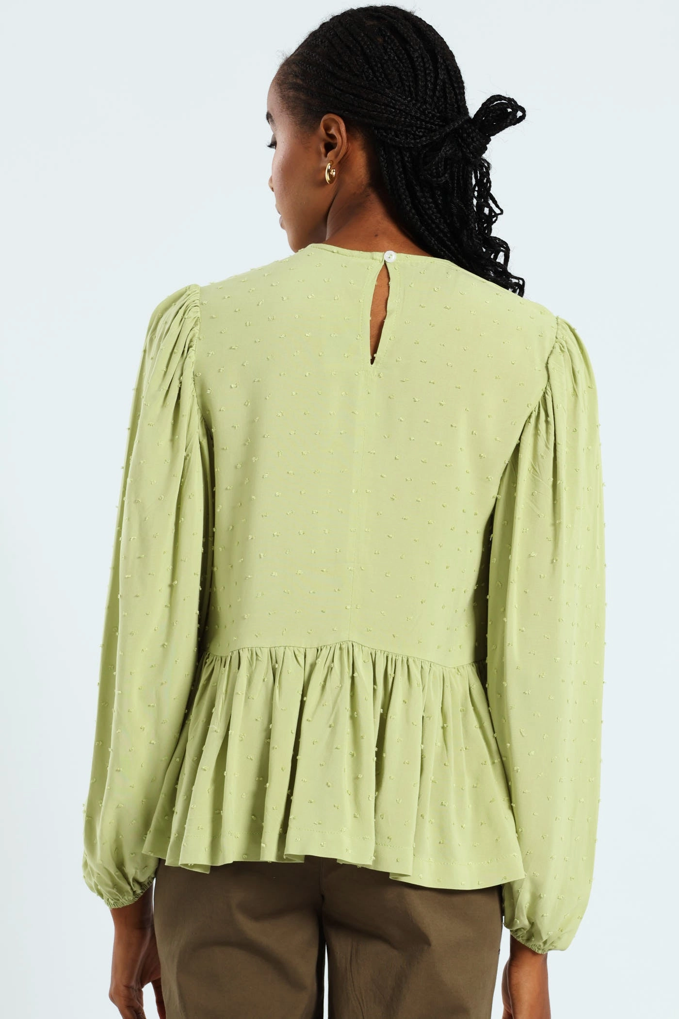 Sporty Sweatshirt NonIrritatingStitching Dobby Clip Spot Popover Babydoll Blouse - Matcha