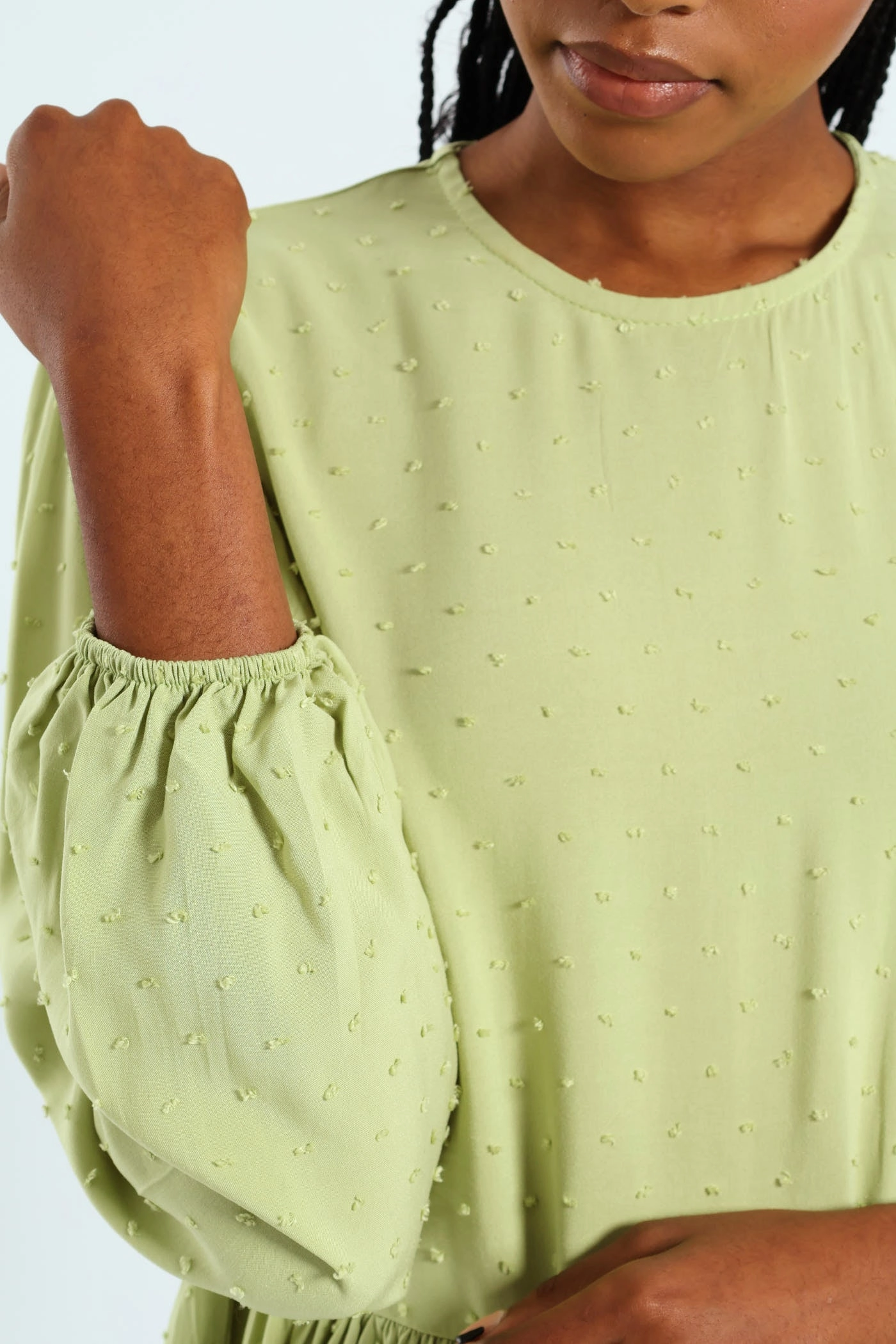 LayeredCollar Dobby Clip Spot Popover Babydoll Blouse - Matcha