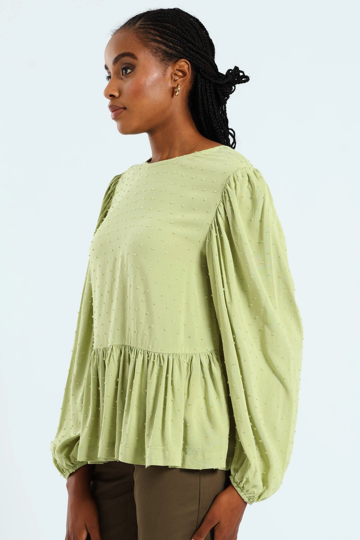 Dobby Clip Spot Popover Babydoll Blouse - Matcha Stylish Dress
