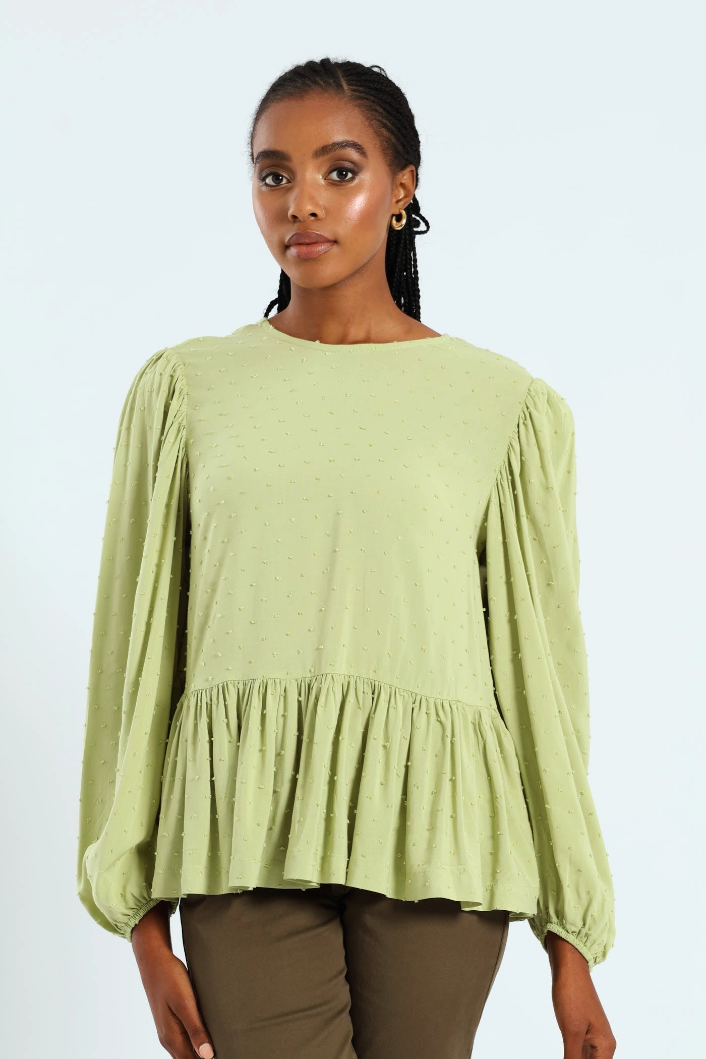 Dobby Clip Spot Popover Babydoll Blouse - Matcha Roll Up Sleeve Design