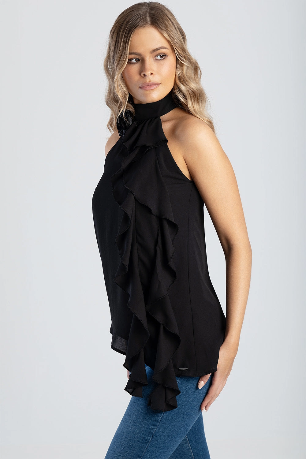Knit Fabric Technology Circular Knit Ruffle Detail Halter Neck Top - Black