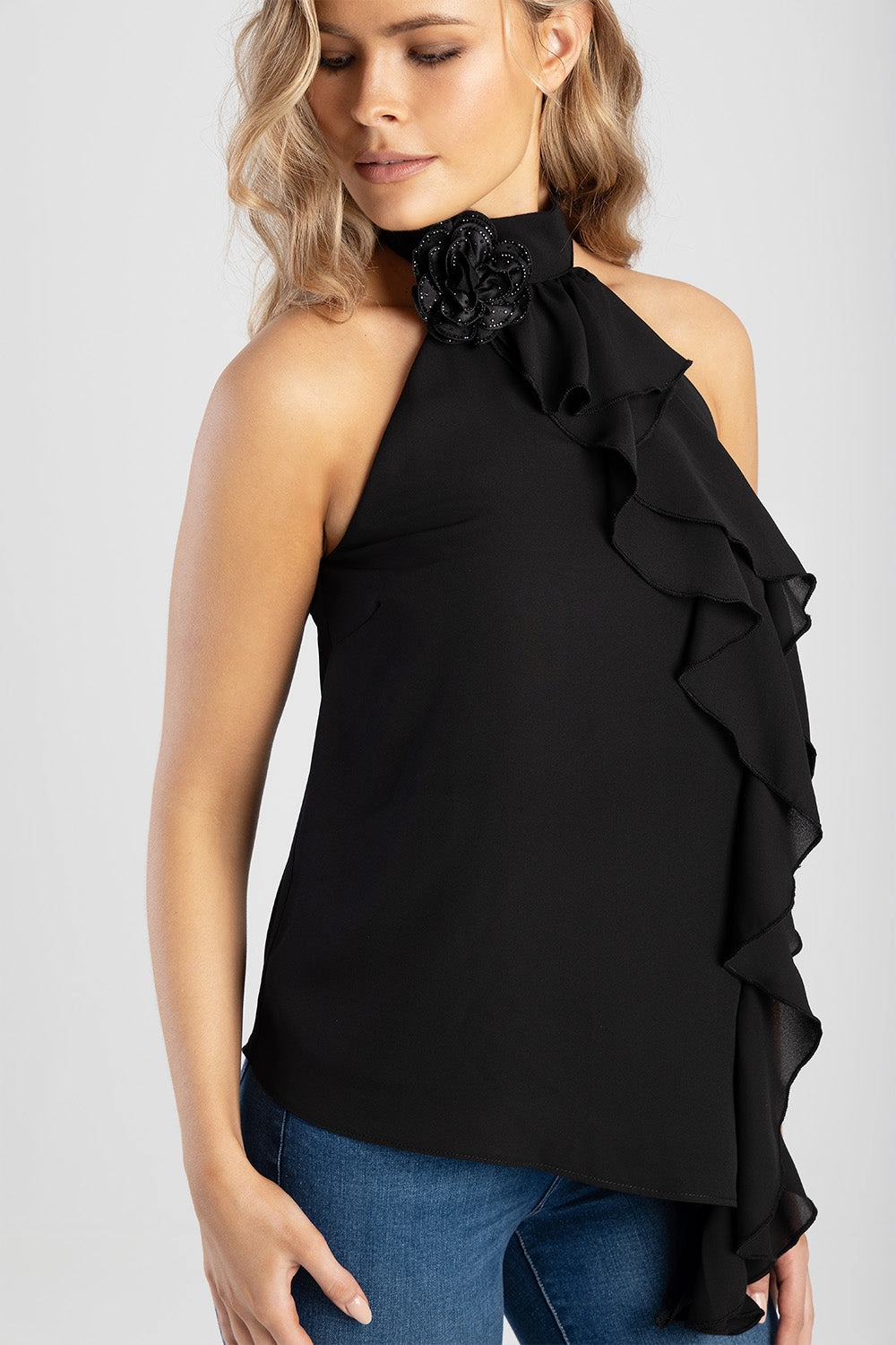 Ruffle Detail Halter Neck Top - Black AdjustableCuffs FadeResistant Finish