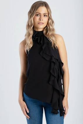 Ruffle Detail Halter Neck Top - Black Fray Resistant Edges