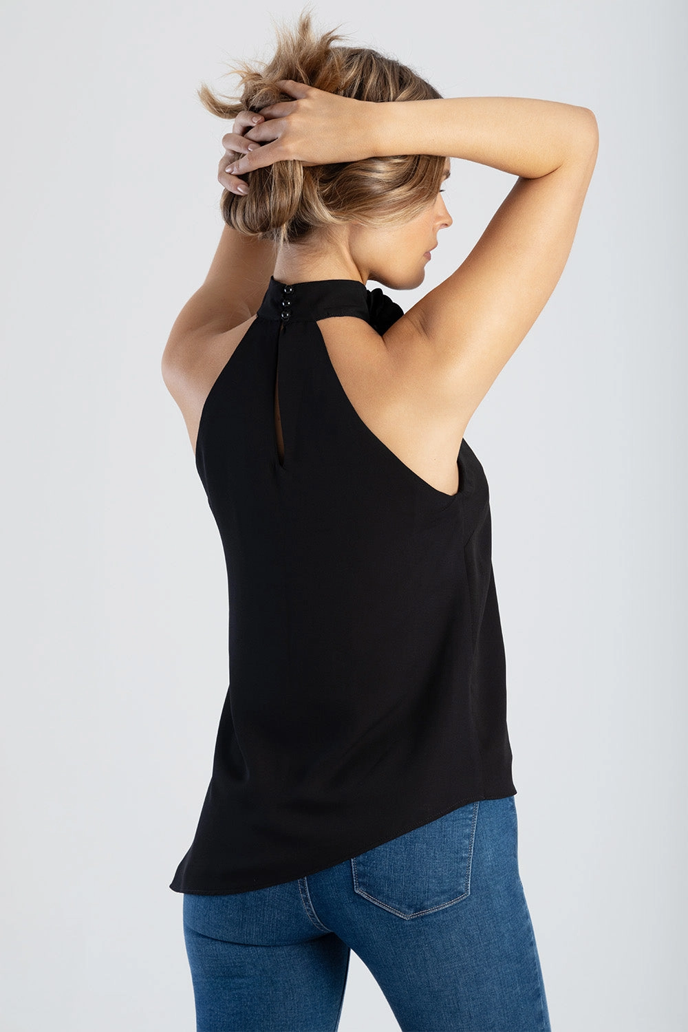 Ruffle Detail Halter Neck Top - Black Soft Touch Texture BreathableBackVents