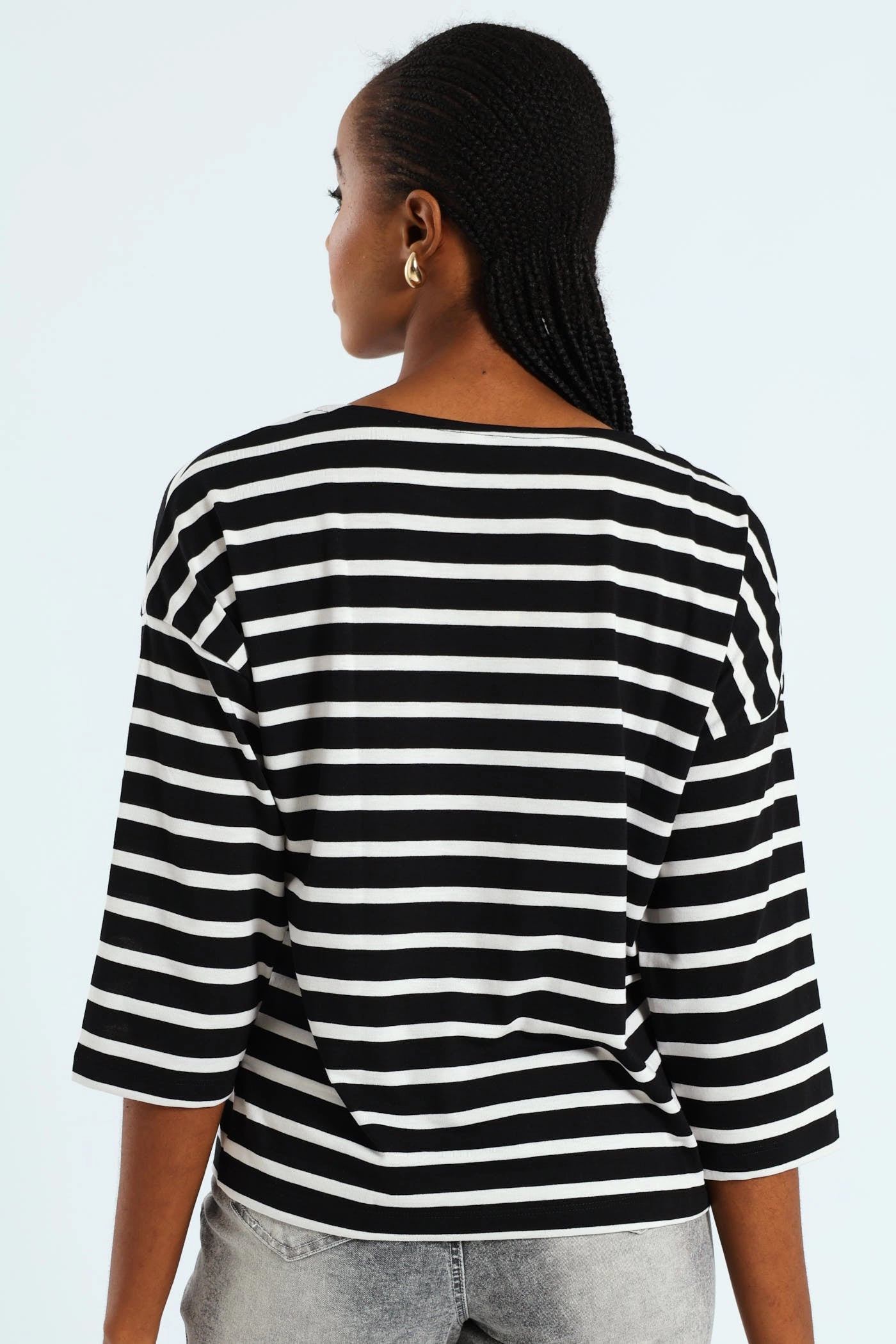 Sweat Absorbing Lining Versatile Layering 3/4 Sleeve Striped Slouchy Boatneck Top - Black/White
