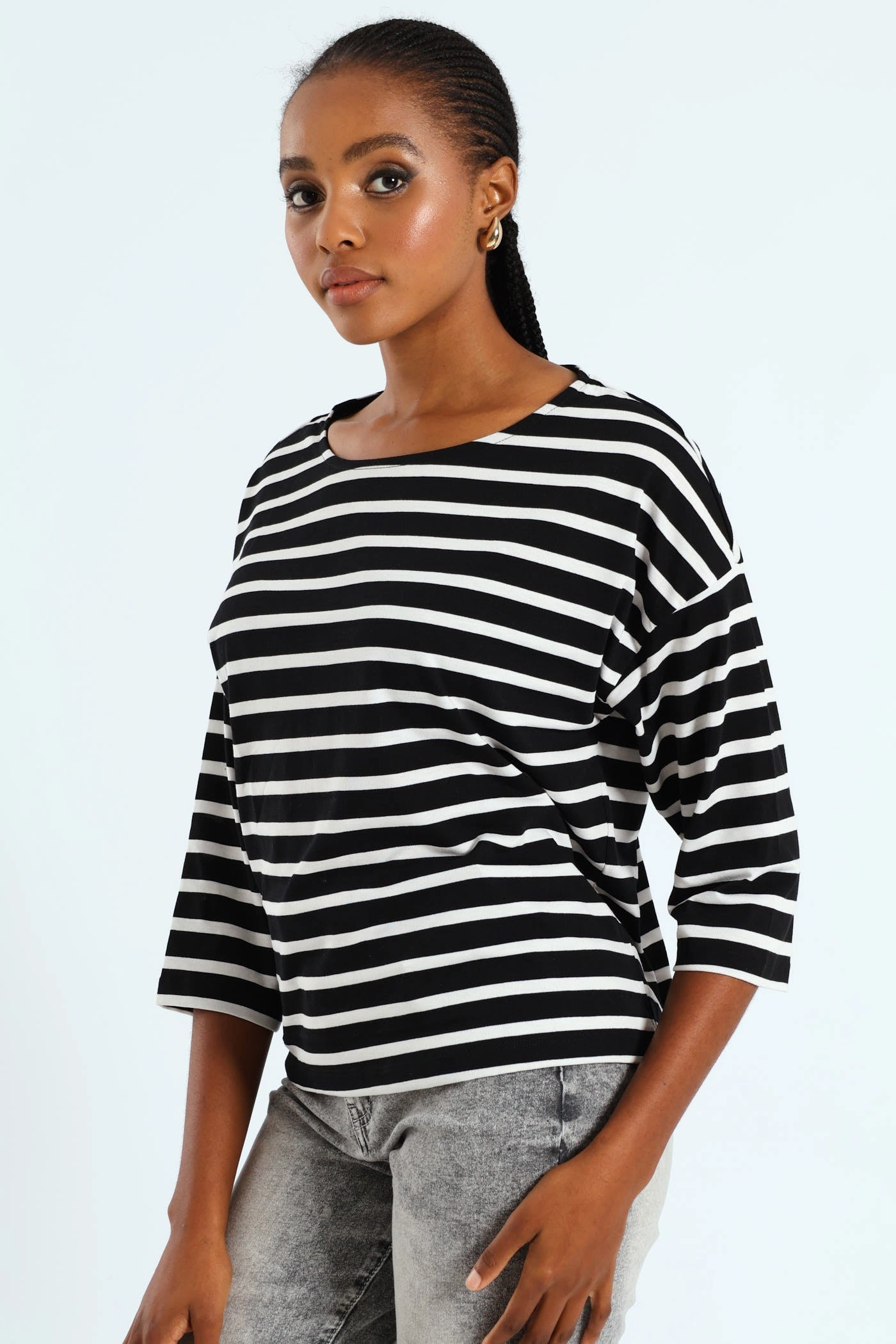 3/4 Sleeve Striped Slouchy Boatneck Top - Black/White EasyCare Fabric FrictionResistant Trim