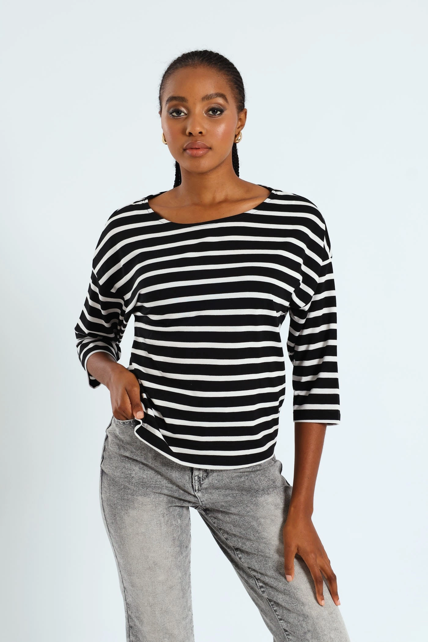 3/4 Sleeve Striped Slouchy Boatneck Top - Black/White Non Irritating Seams