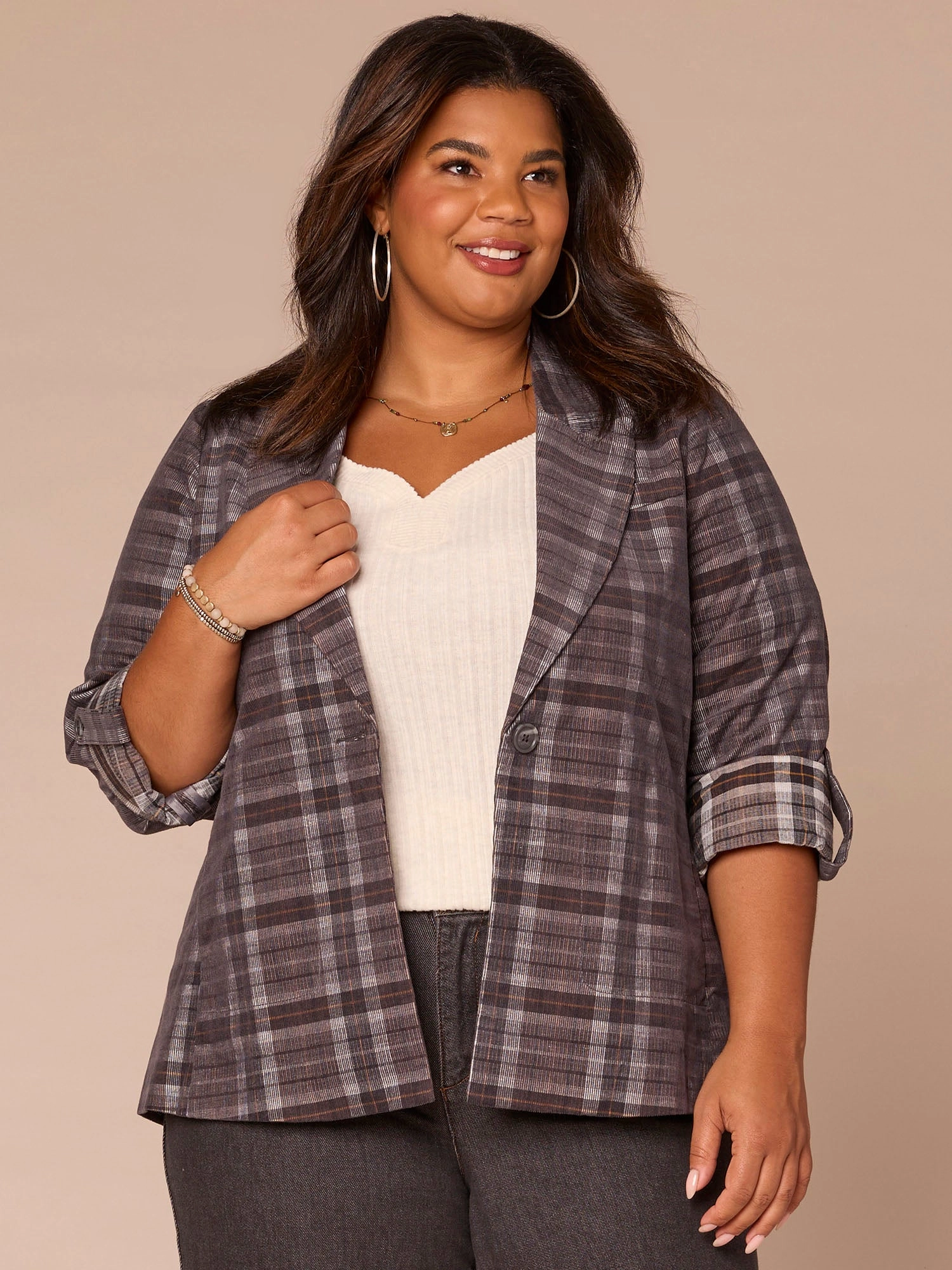 Long Sleeve Princess Seam Pockets Single Button Plaid Plus Size Blazer Sleek Outer