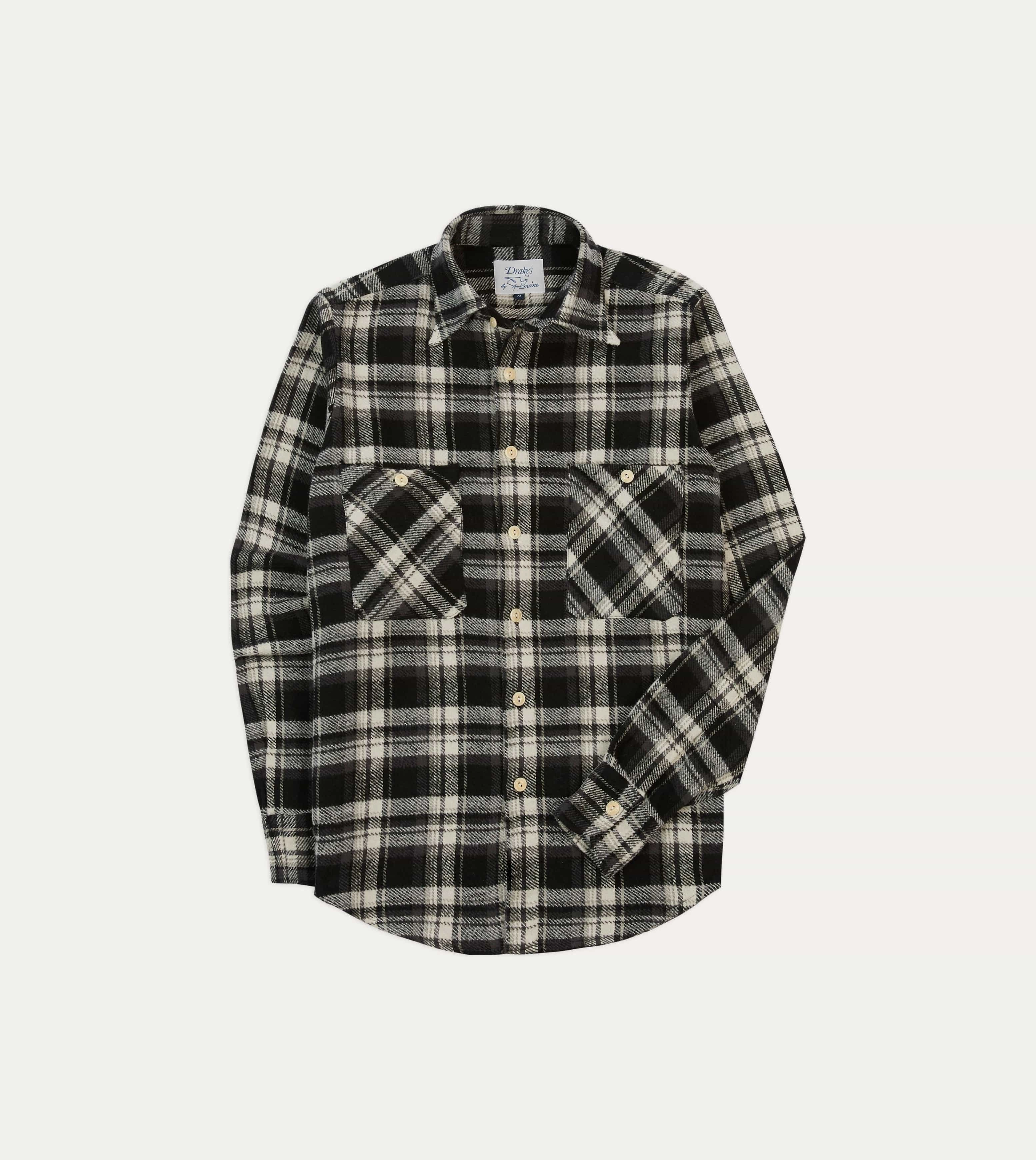 Drake's by A. Levine Black Check Cotton Two-Pocket Work Shirt Edgy Design