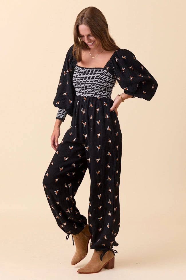 Day Outfit Dreamy Texture Dress To Impress Black Floral Stitched Smocked Top Jumpsuit