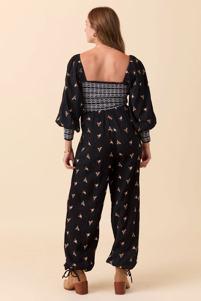 Calm Flow Dress To Impress Black Floral Stitched Smocked Top Jumpsuit