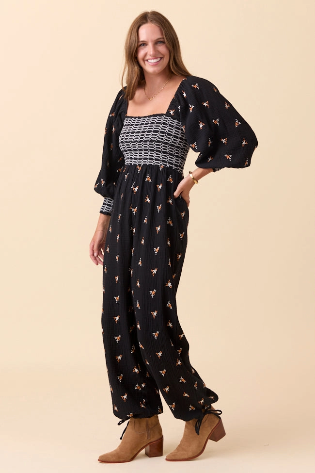 Texture Blend Dress To Impress Black Floral Stitched Smocked Top Jumpsuit