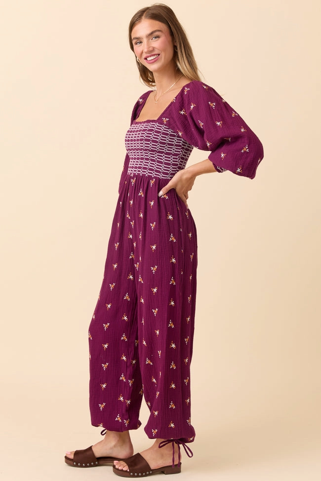 Elegant Comfort Dress To Impress Burgundy Floral Stitched Smocked Top Jumpsuit