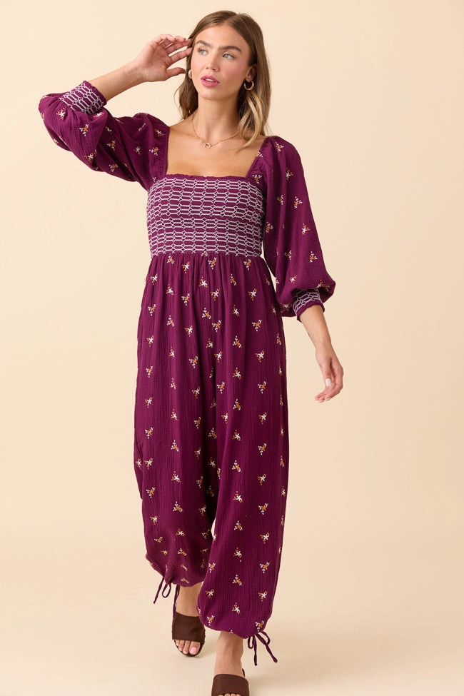 Casual Chic Graduation-Event Dress To Impress Burgundy Floral Stitched Smocked Top Jumpsuit
