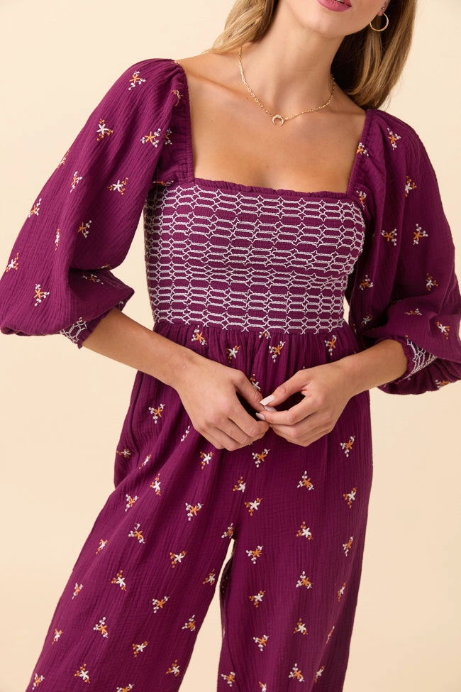 Ankle-length Dress To Impress Burgundy Floral Stitched Smocked Top Jumpsuit