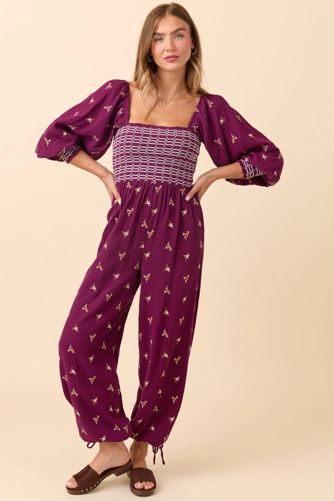 High-waisted evening piece Winter Wrap Dress To Impress Burgundy Floral Stitched Smocked Top Jumpsuit