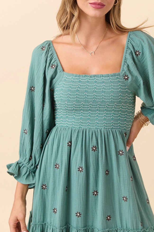 One-Shoulder Dress To Impress Sage Floral Stitched Smocked Top Dress