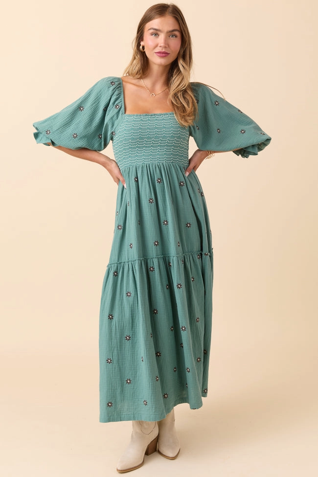 Flattering Shape Design Cozy Wear Dress To Impress Sage Floral Stitched Smocked Top Dress