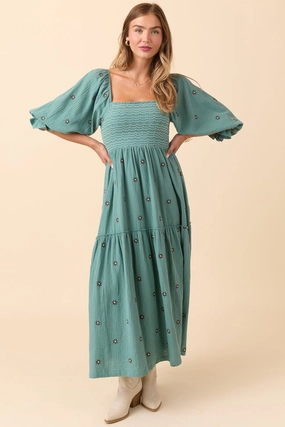 Flattering Shape Design Cozy Wear Dress To Impress Sage Floral Stitched Smocked Top Dress